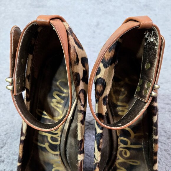 Sam Edelman Lyla Leopard Print Leather Calf Hair Platform Pumps Ankle Strap - Picture 3 of 13